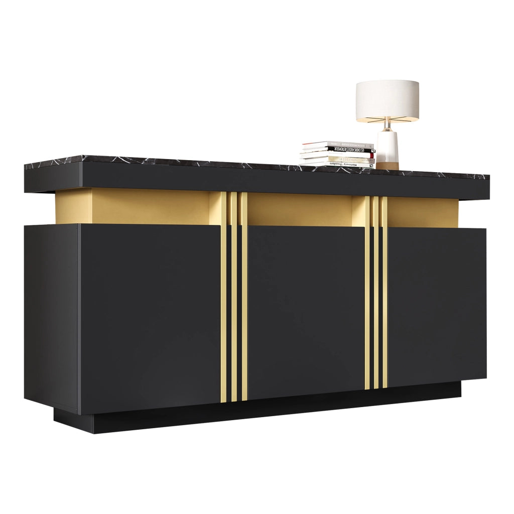 Credenza moderna nera 140x38x70 cm con 3 ante, 6 vani e ripiani regolabili