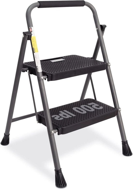 Scaffale a 2 passi pieghevole - pedale anti-slip - maniglia - scala metallica leggera - manubrio - scala metallica pieghevole leggera grigia