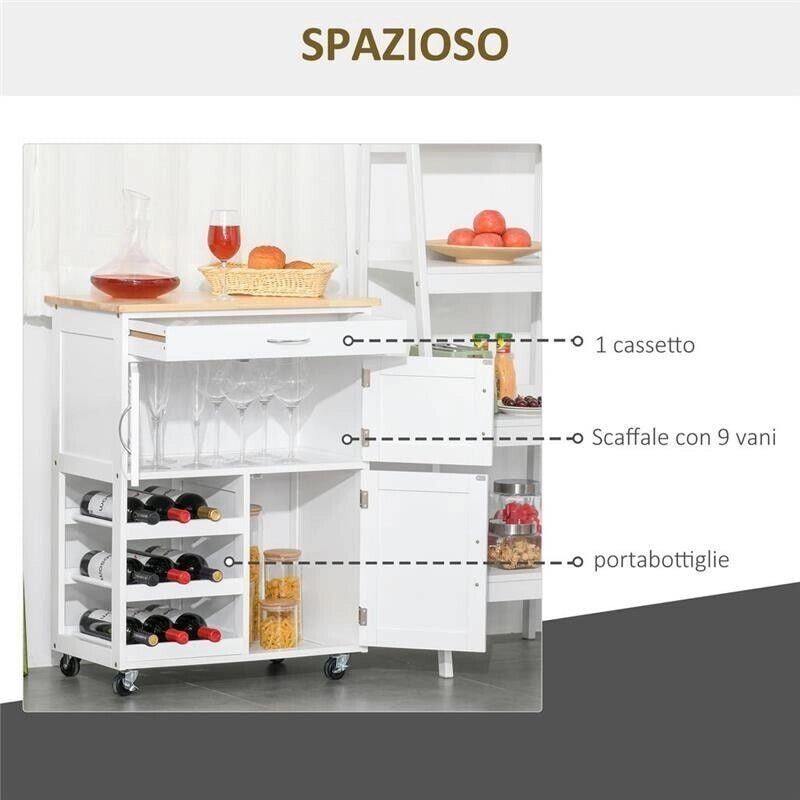 CARRELLO PORTAVIVANDE PER CUCINA 67X37X87CM IN LEGNO BIANCO