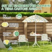 Set da Giardino per Bambini 2-5 Anni con Tavolino Rotondo, 2 Sedie Pieghevoli e un Ombrellone, Bianco