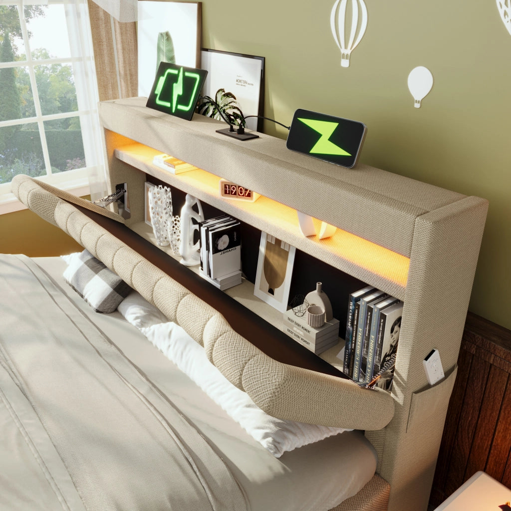 Letto matrimoniale imbottito 160x200 cm con LED, ricarica USB e Type-C, contenitore idraulico, beige, con materasso