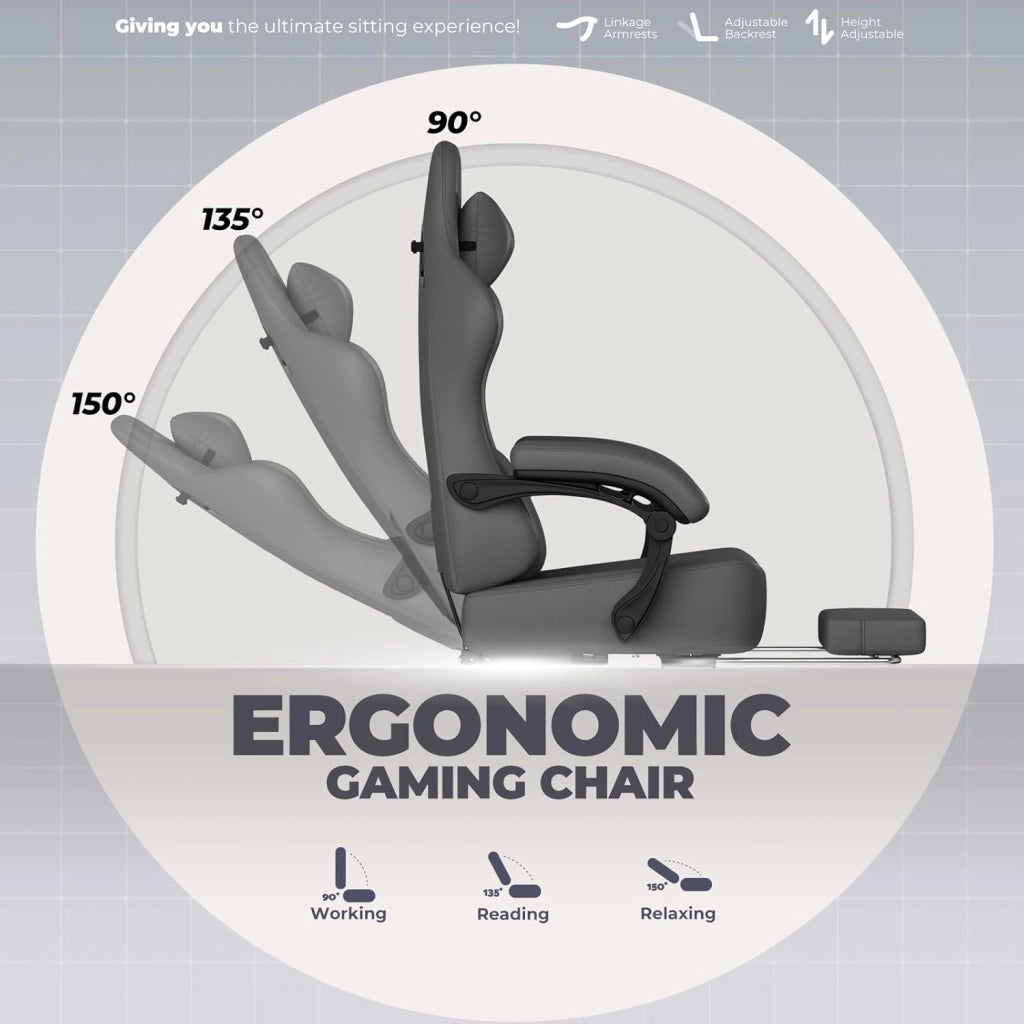 Sedia da gioco, traspirante, sedia da ufficio, ergonomica, in tessuto di alta qualità, ergonomica, schienale regolabile a 160°, poggiapiedi estraibile,carico 180 kg,grigio