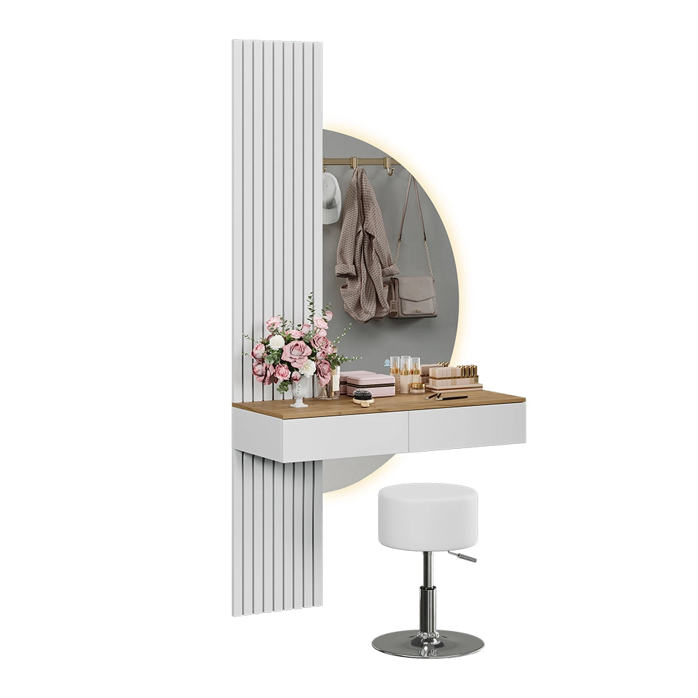 Vicco Tavolo da toeletta Bianco/quercia 100 cm con specchio LED e sgabello