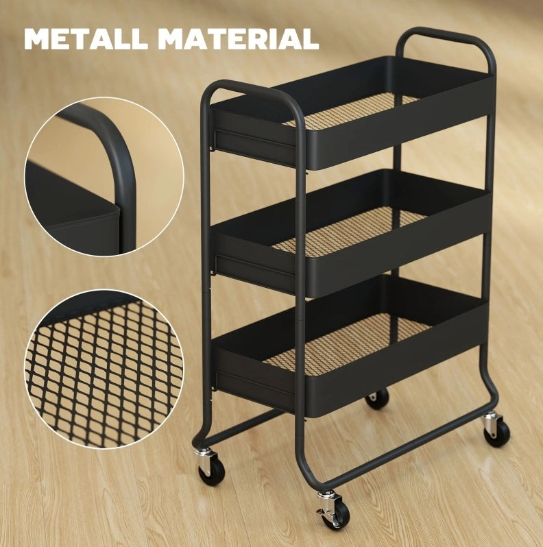Carrello da cucina ULEVR 64,5x34x87 cm con 3 cestelli e 4 ruote, metallo nero