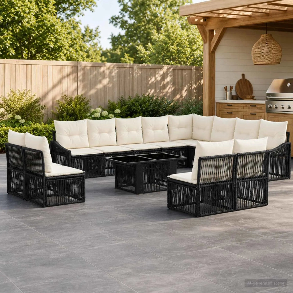 Set Divano da Giardino 13 pz Nero e Bianco Crema polyrattan 3437323
