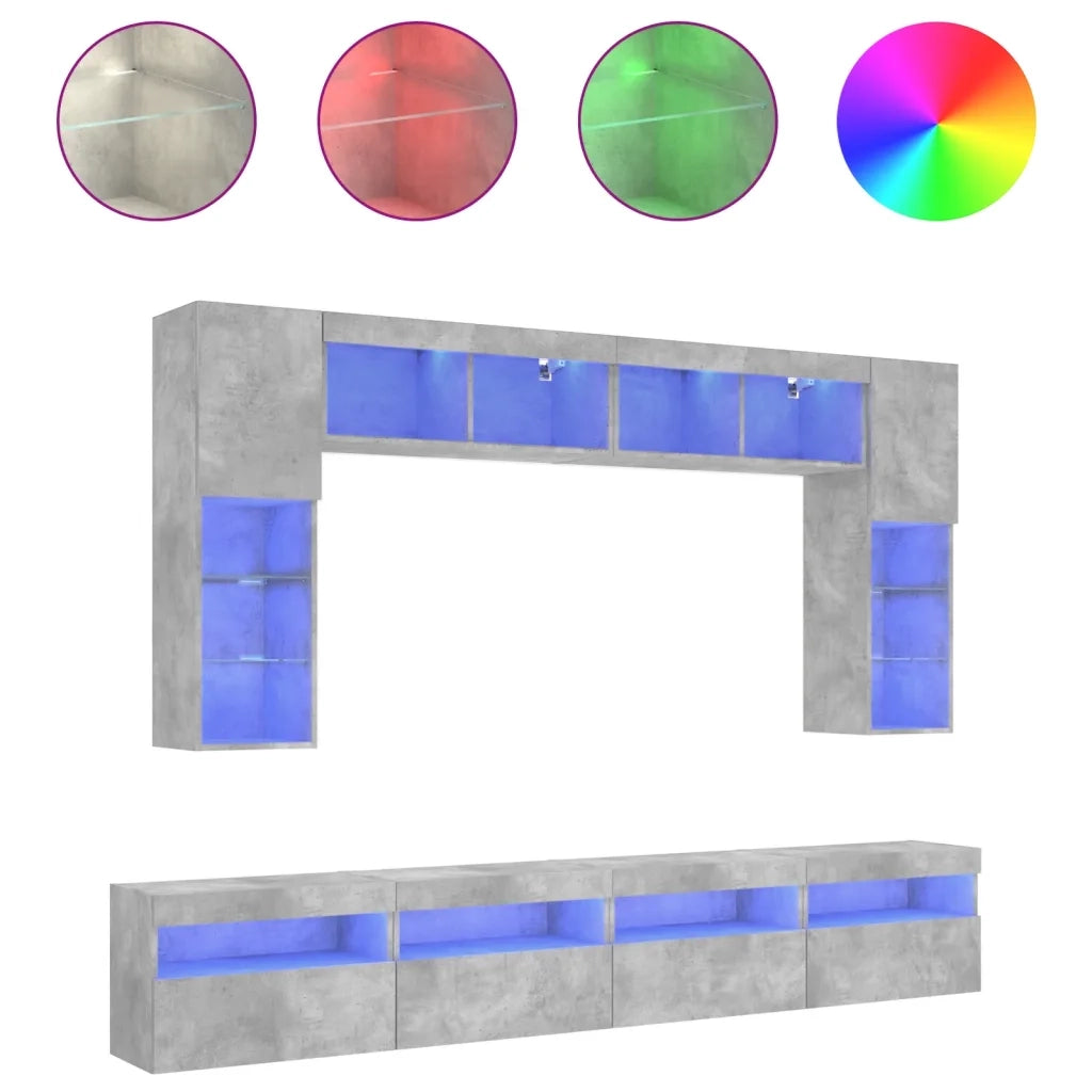 Set Mobili TV a Muro 8 pz con Luci LED Grigio Cemento