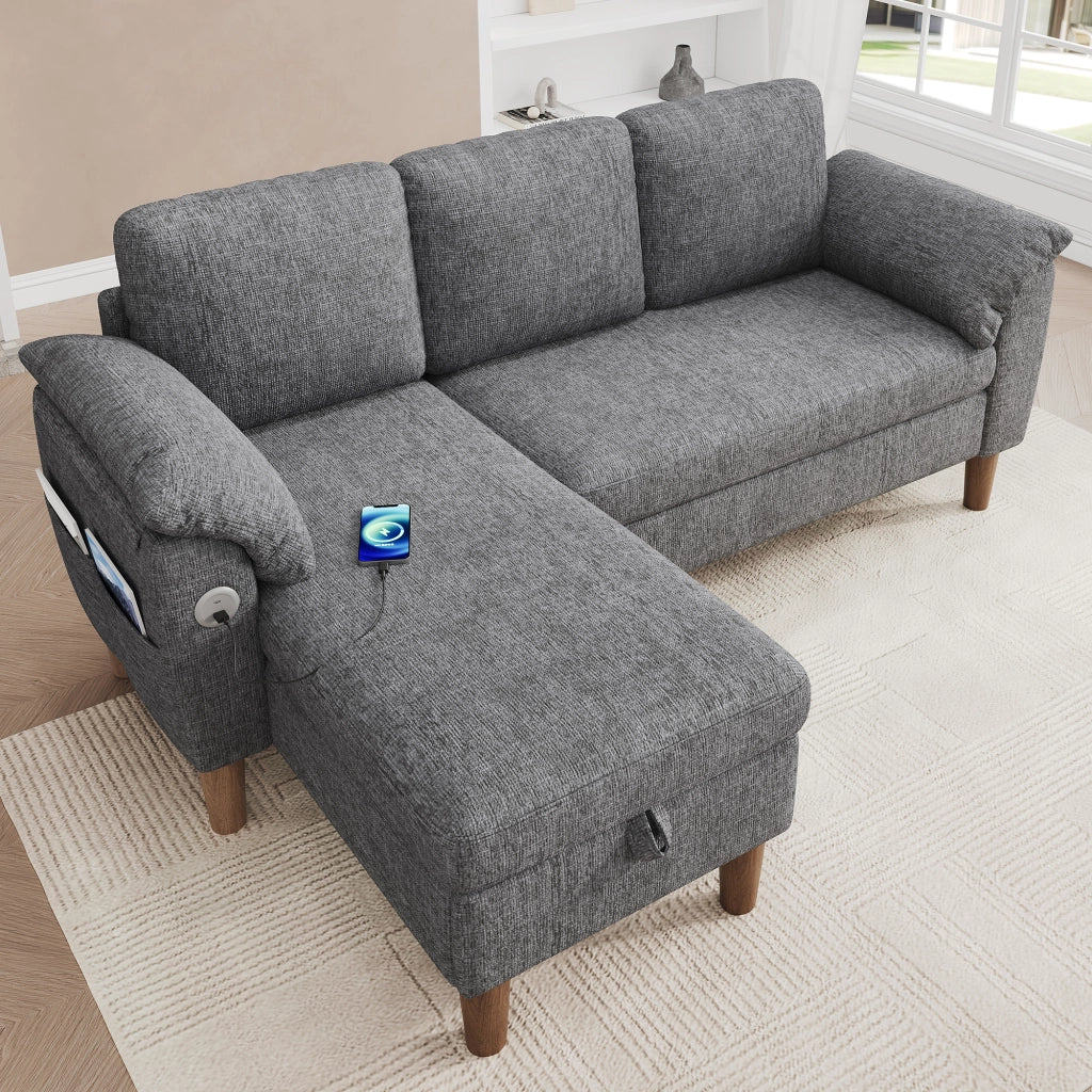 Divano angolare 3 posti con chaise longue contenitore; USB e tasche in chenille grigio chiaro