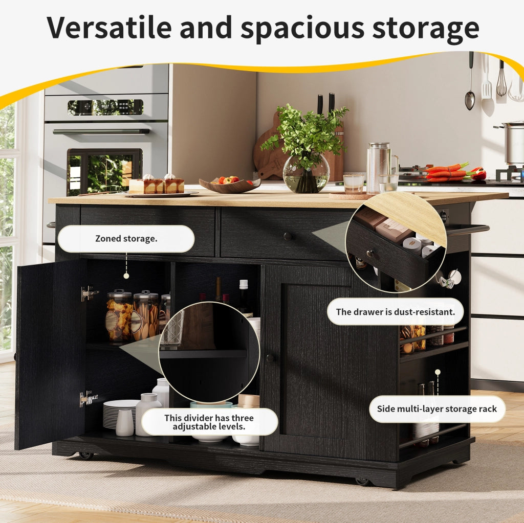 Isola da cucina pieghevole con prese; 2 cassetti e 6 vani; MDF e metallo; nero/naturale