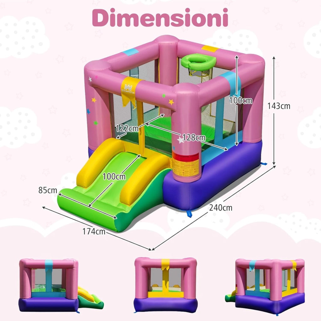 Castello Gonfiabile per Bambini, Castello con Trampolino, Scivolo e Canestro da Basket, Casa Gonfiabile Senza Ventilatore per Feste di Compleanno e Matrimonio, 240 x 174 x 143 cm