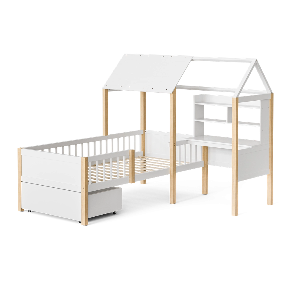 Letto Casetta Bambini con Scrivania e Libreria ¨C MINIMAL ¨C Massello Bianco 90x200