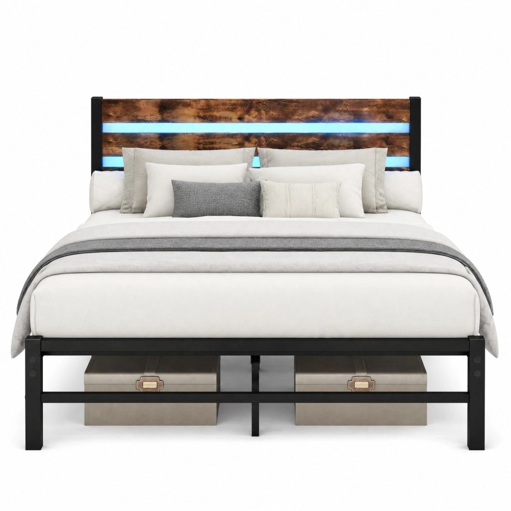 Letto matrimoniale 120x200 cm in metallo e MDF con testiera in legno, LED RGB e contenitore sottoletto