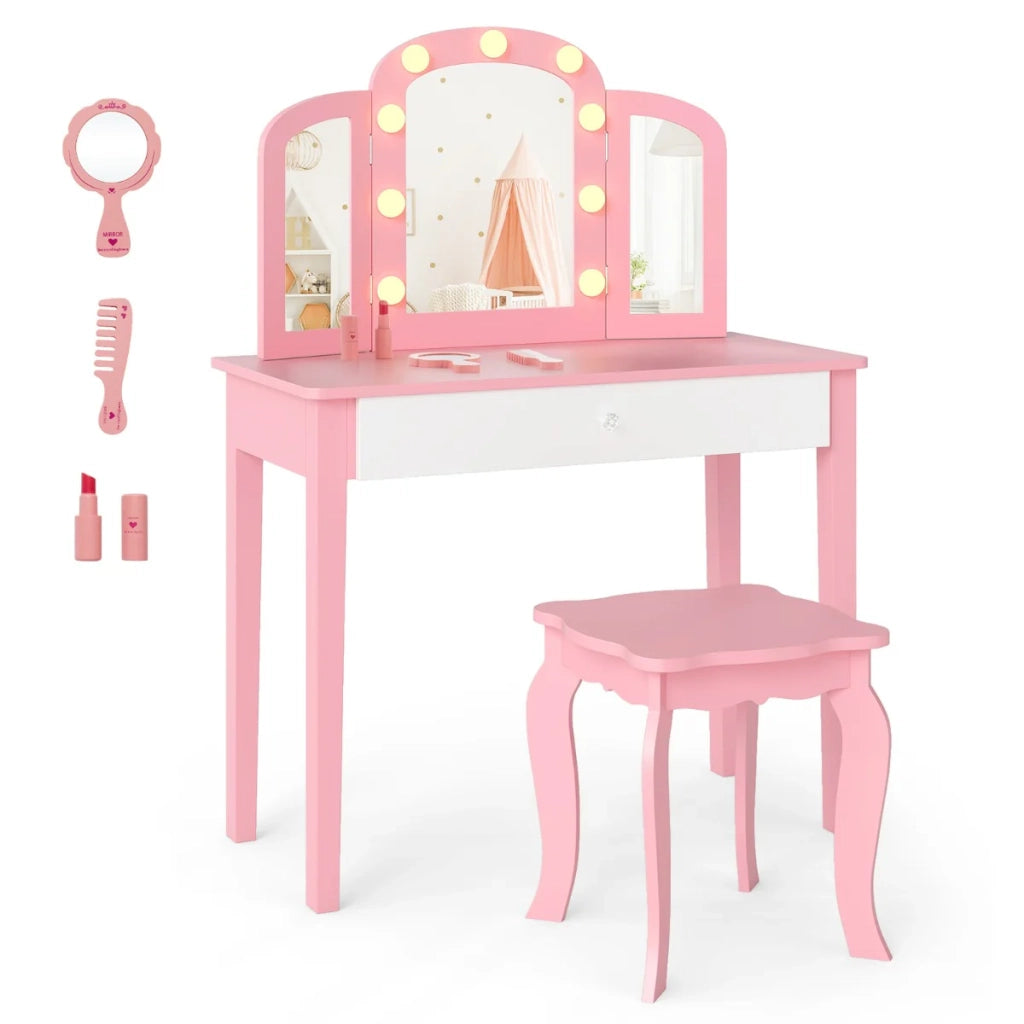 Toeletta per bambini 2 in 1 di design 70 x 34 x 95,5 cm con specchio staccabile e illuminazione LED regolabile in MDF rosa 20_0018892