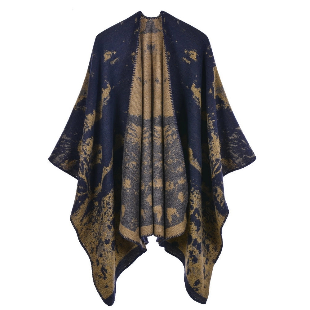 Nuovo scialle/mantella in jacquard di cashmere alla moda con spacchi, spesso e ampio, da donna.