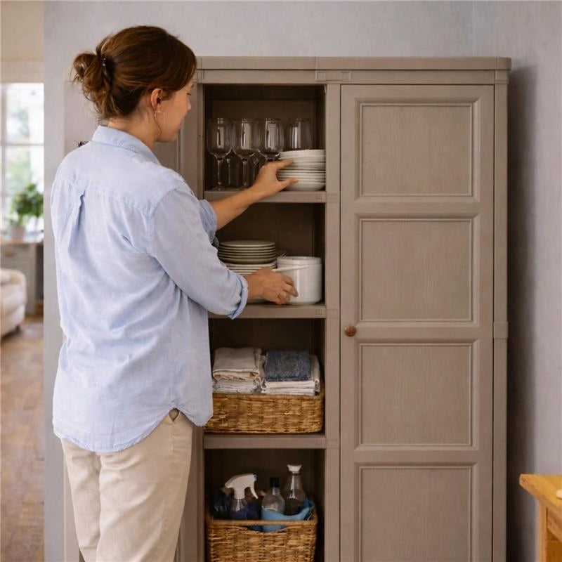 ARMADIO 2 ANTE TAUPE 79X43X164 CM CON 4 SCOMPARTI E VANO PORTASCOPA – MOBILE ALTO ORGANIZZAZIONE CASA PER INGRESSO E LAVANDERIA