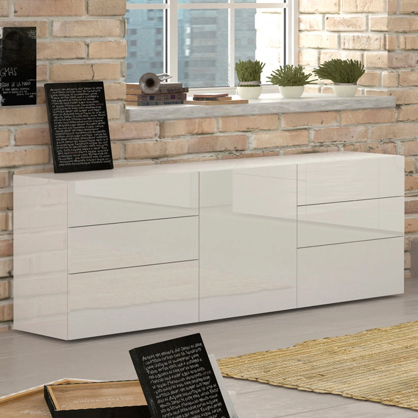 Credenza moderna 1 anta + 6 cassetti METIS bianco lucido
