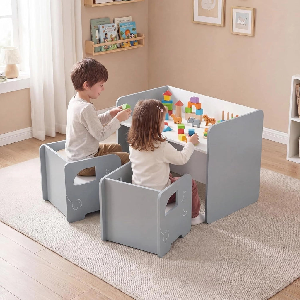 Set Tavolo e 2 Sedie per Bambini, Tavolo e Sedie Salvaspazio per Bambini 3+ Anni con Lavagna per Disegnare e Piedini Antiscivolo, per Camerette, Soggiorno e Studio (Grigio)