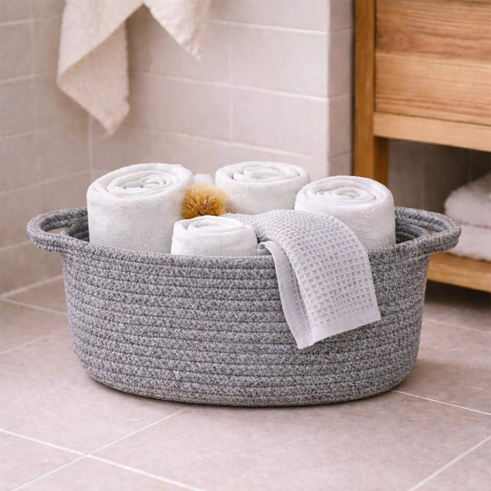 Cesti Portaoggetti Ovale in Corda Grigio con Maniglie cm 47 x 25x h 15 set da 3
