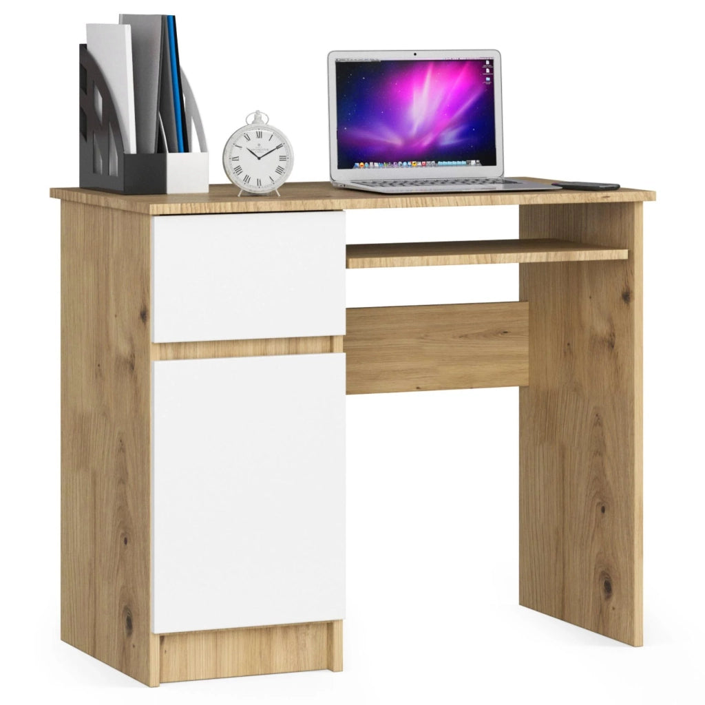 Scrivania per computer AKORD PIKSEL Quercia Artisan 90 cm 1 anta 1 cassetto inserto frontale Bianco 90x50x77 cm Modello a sinistra
