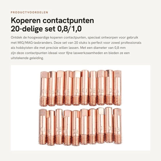 Set di contatti rossi a rame - 20 pezzi - Adatto per 15AK MIG/MAG saldatore - Materiali di consumo 0,8/1,0 mm - Lunghezza totale 2,3 cm - Peso 139 g - Fili di saldatura