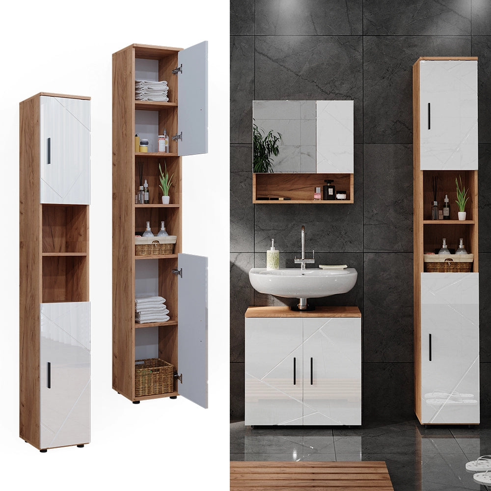 Armadio per il bagno Irma Bianco lucido/Rovere dorato 30 x 192 cm con ante e vani a giorno Vicco
