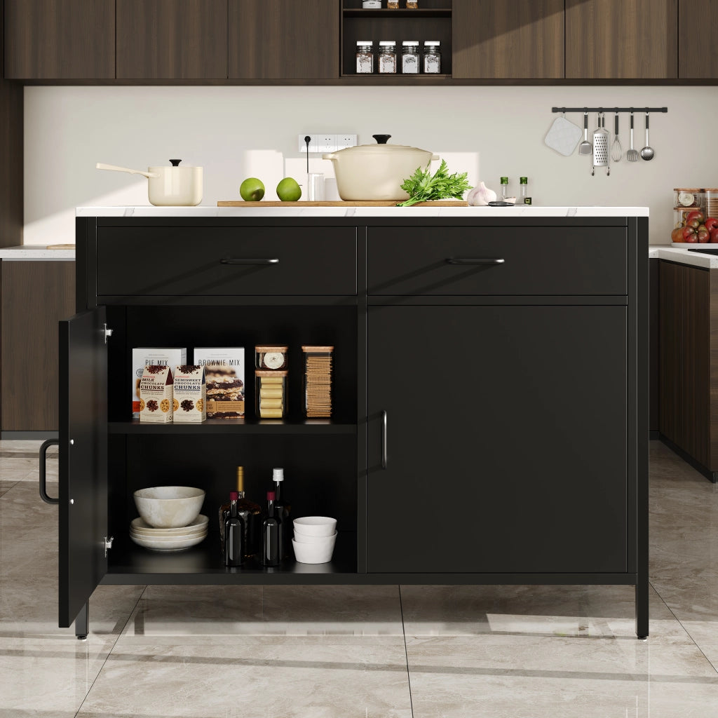 Tavolo Alto con 2 Cassetti e Ripiano Regolabile; in MDF; Nero; per Cucina e Sala da Pranzo; 100 x 90 x 90 cm