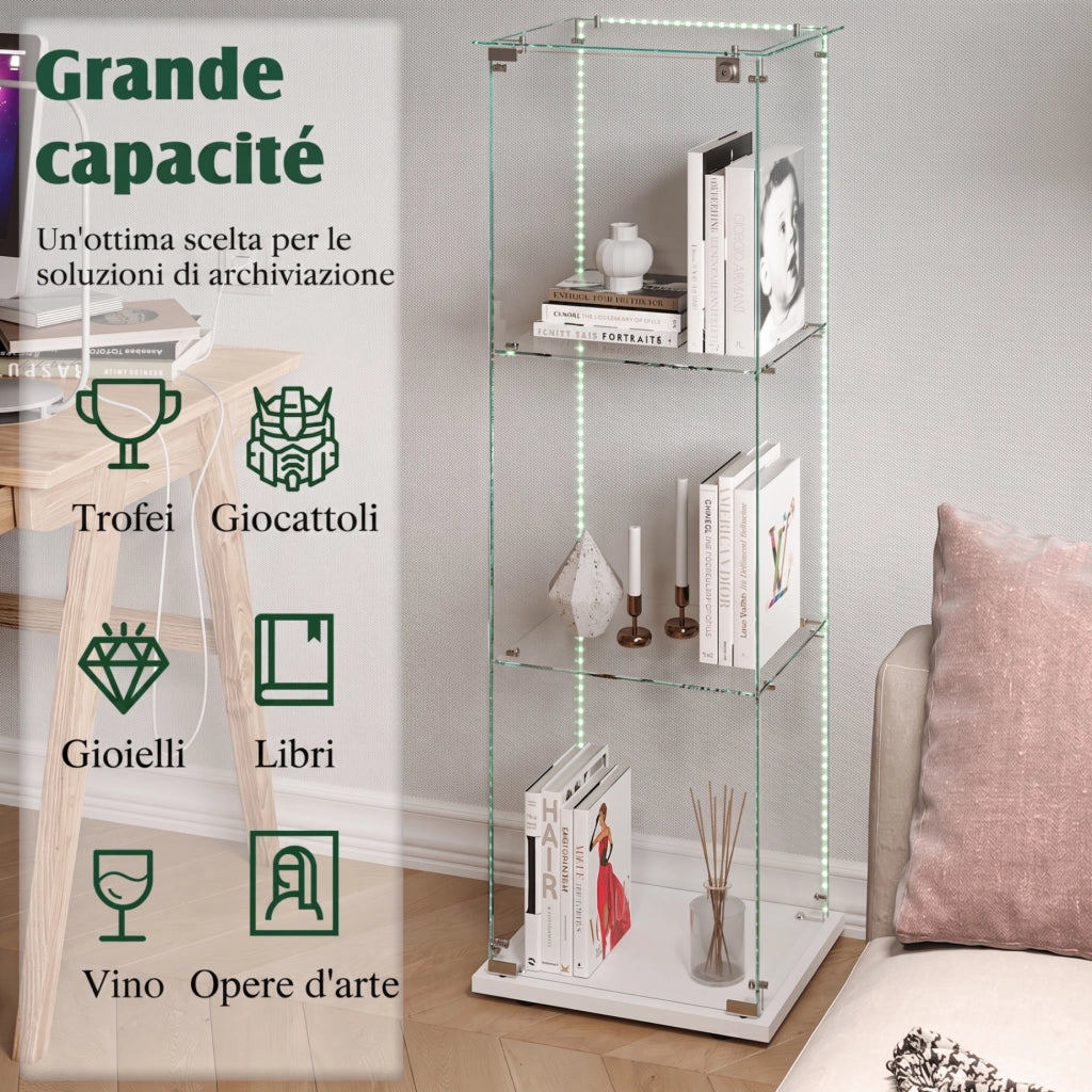 Vetrina espositiva in vetro temperato base bianca con luci LED RGB e serratura, 39,8x35x123,3cm, ripiani regolabili per collezioni e modellini