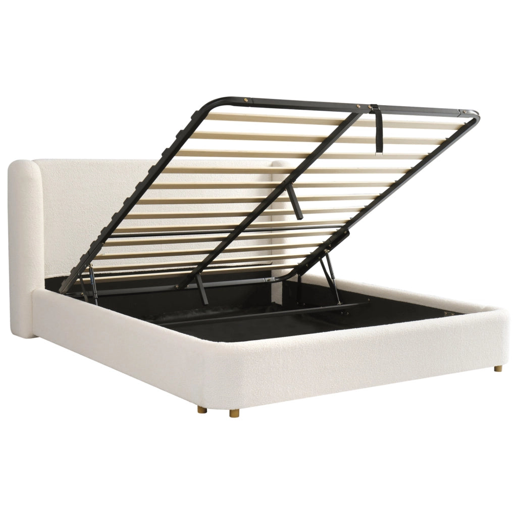 Letto matrimoniale imbottito con contenitore; bouclé beige; 219x189x100 cm