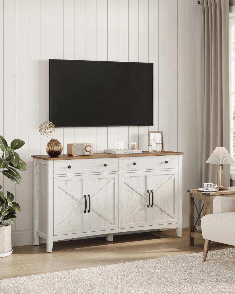 VASAGLE Credenza Cucina, Mobiletto con Cassetti, Mobile con Ante e Ripiani Regolabili in Altezza, Stile Farmhouse, per Soggiorno Sala da Pranzo, 40 x 140 x 80 cm, Bianco Rustico e Noce Medio BBK381W02