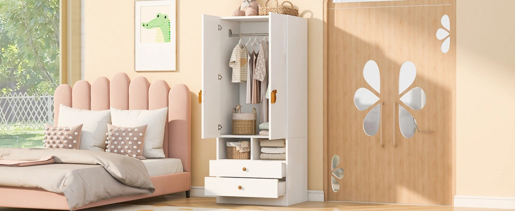 Scaffale a doppia porta con due cassetti e piccoli scomparti in MDF bianco per camera da letto 70 × 50 × 170 cm