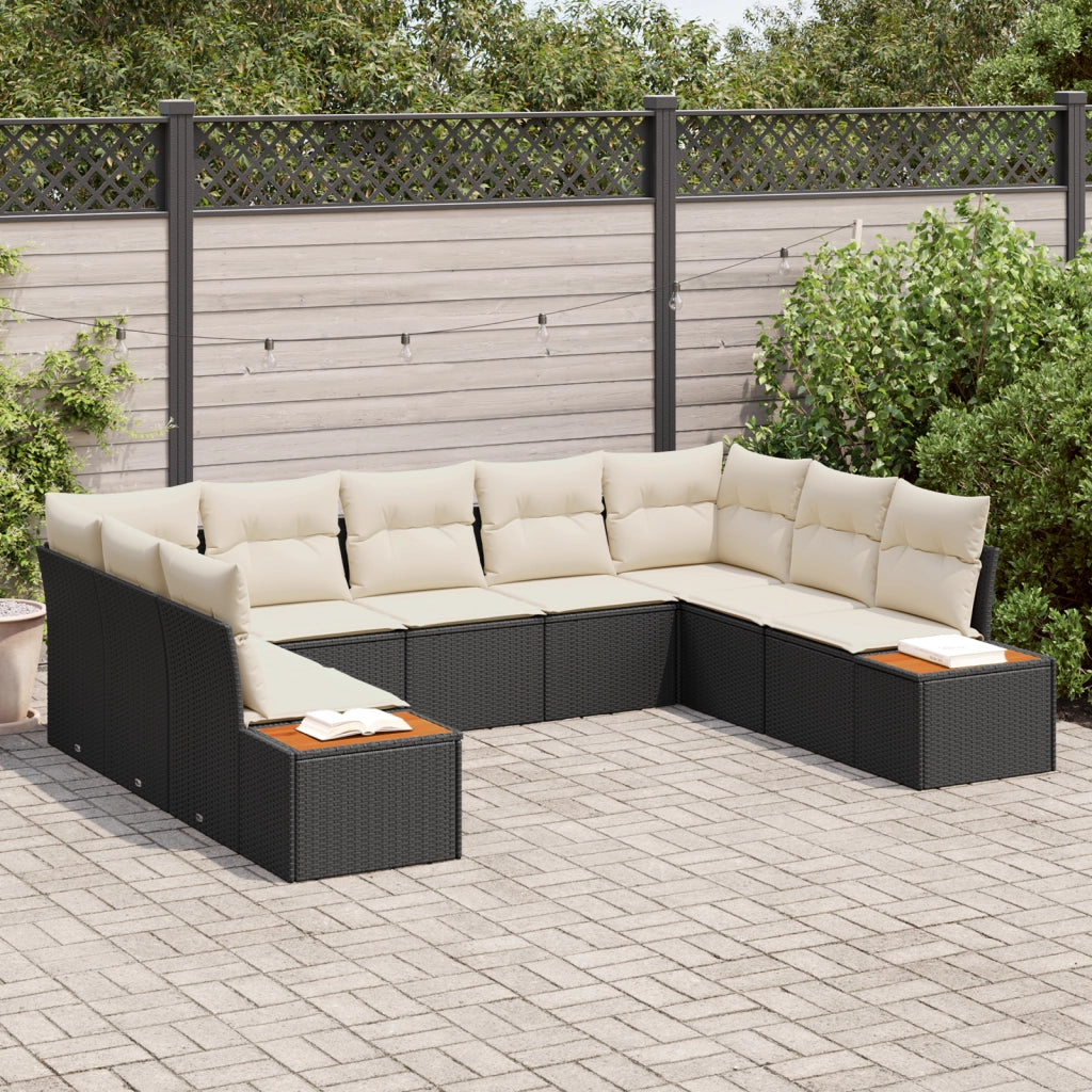Set Divano da Giardino con Cuscini Nero Polyrattan Acacia