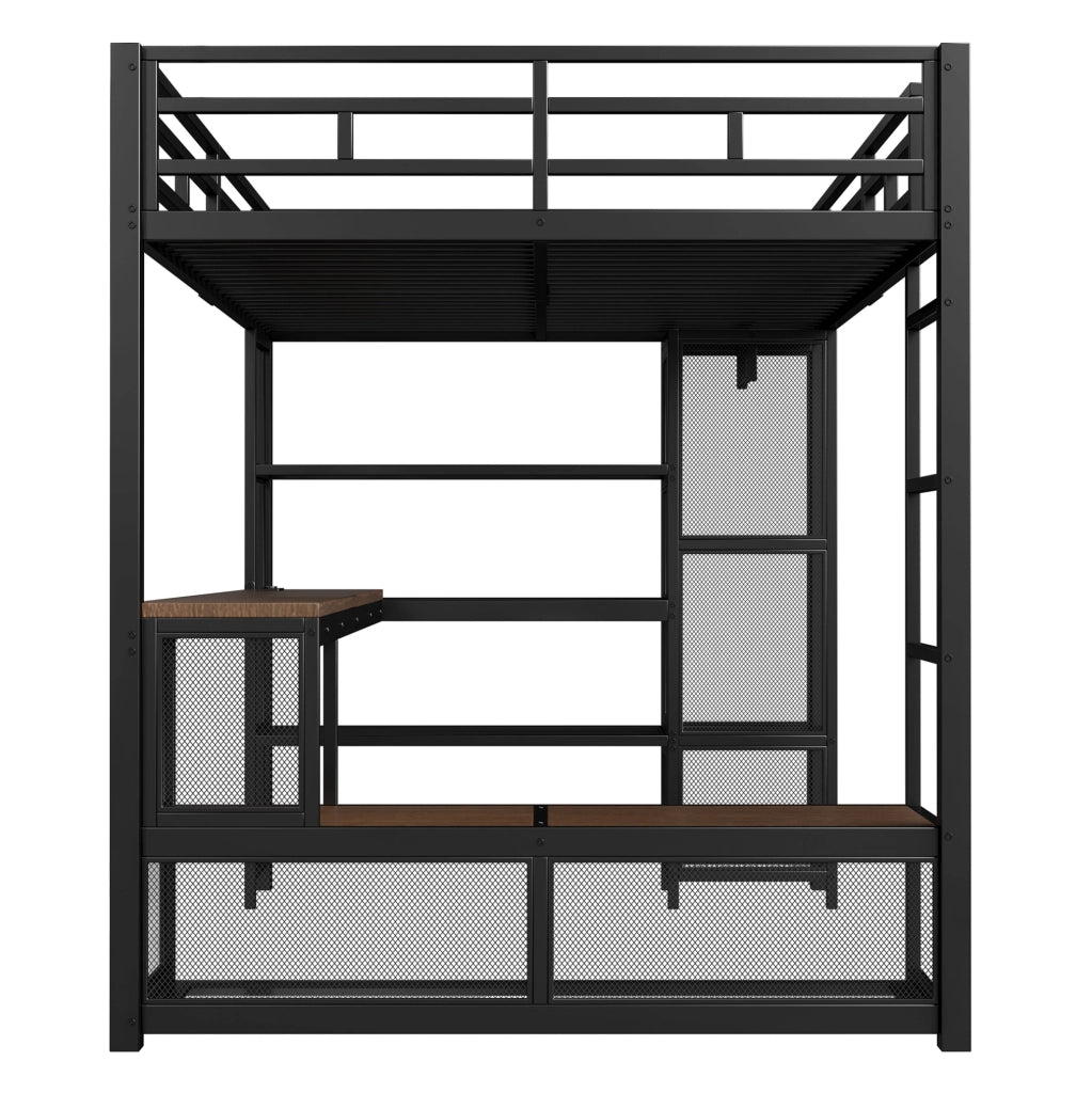 Letto a soppalco 140x200 cm con scrivania, LED e armadio aperto
