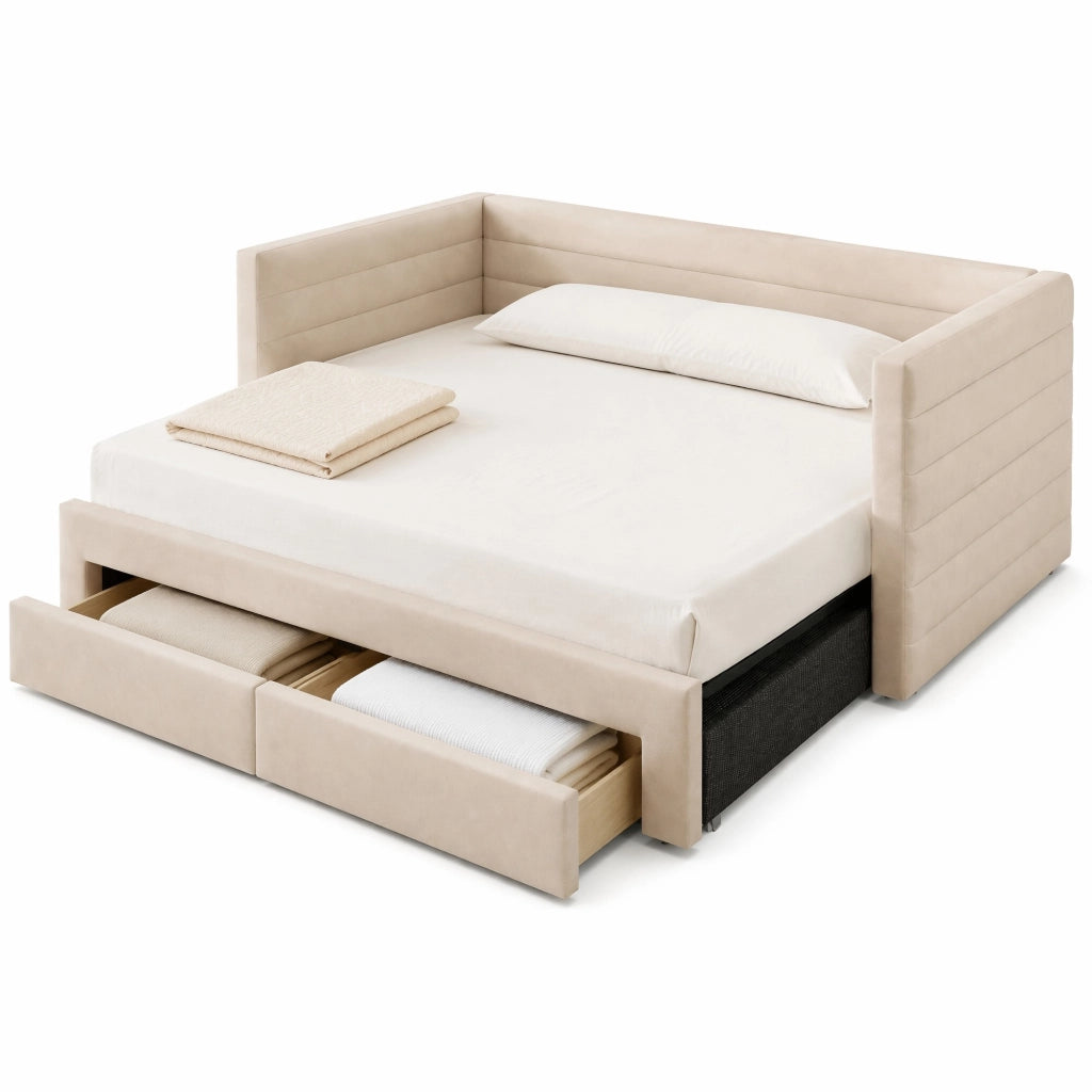 Letto imbottito multifunzionale 3 in 1 90x190 cm con 2 cassetti; beige