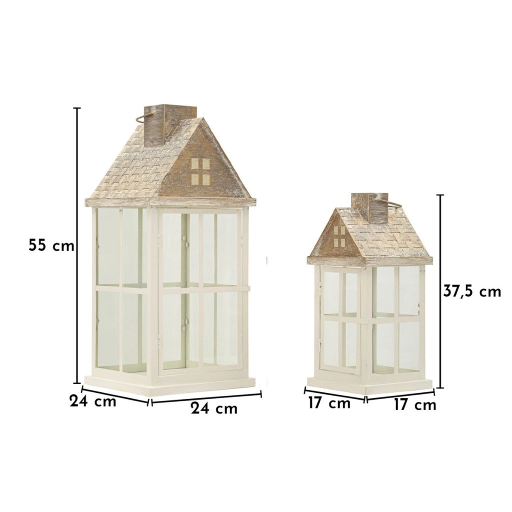 Set di due lanterne Home in legno e metallo con tetto spiovente