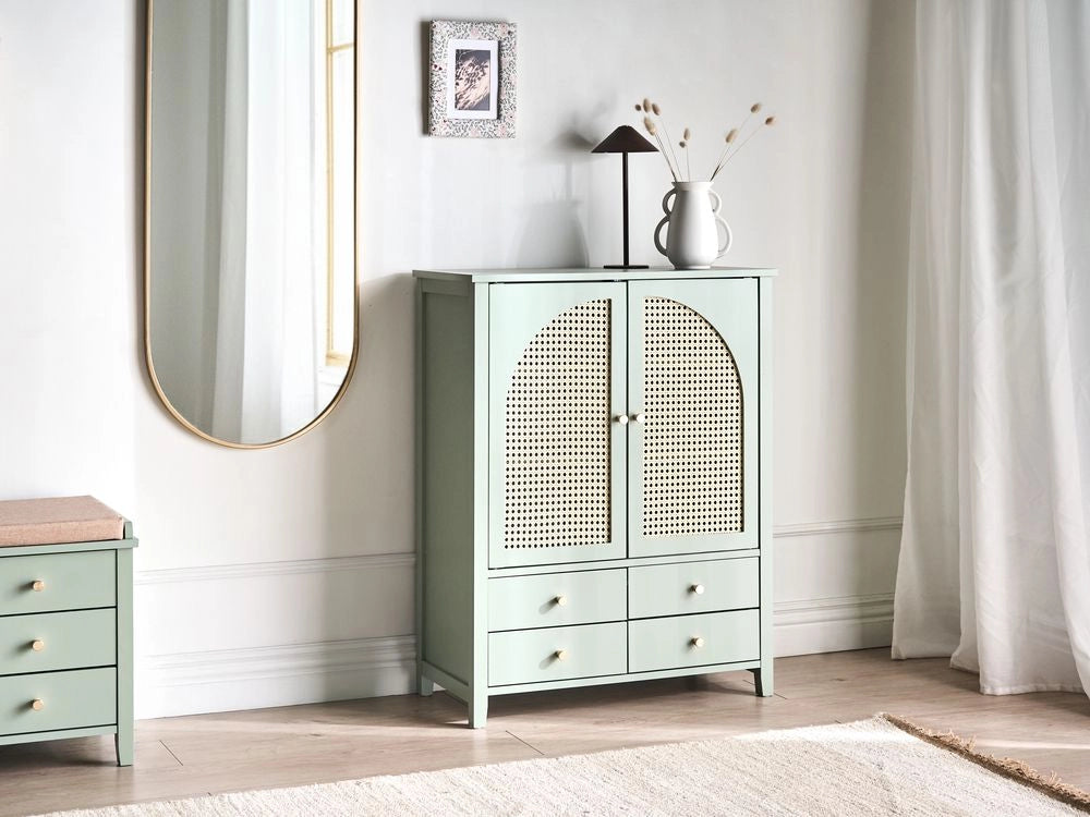 Scarpiera con 4 cassetti e 3 ripiani in legno MDF rattan PE verniciato stile boho verde menta