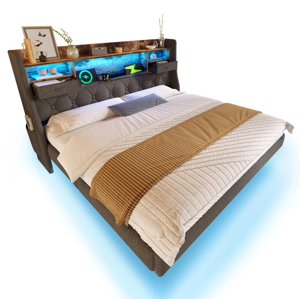 Letto matrimoniale 140x190 cm con LED; testiera portaoggetti e ricarica USB in lino grigio