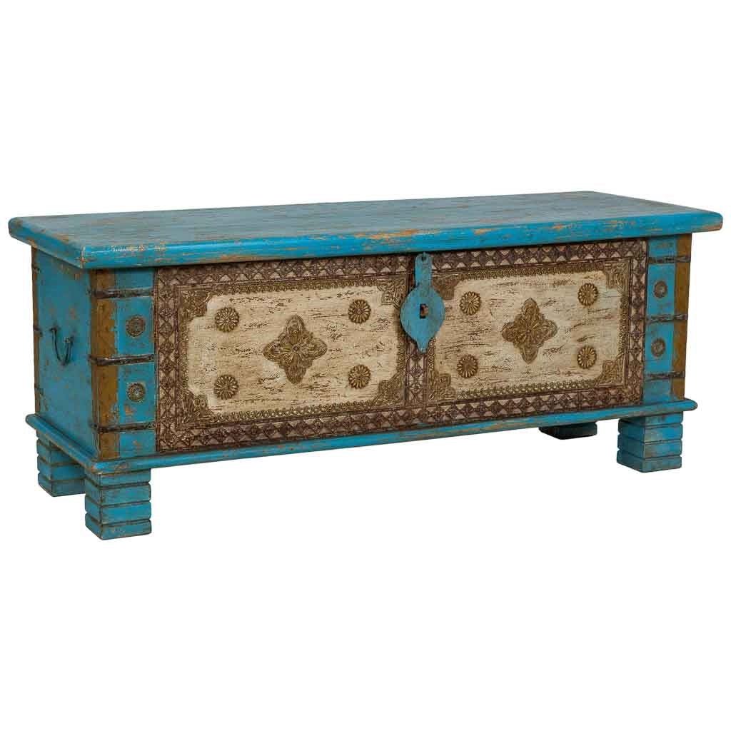 Baule in legno blu fatto a mano 115x40x45h cm