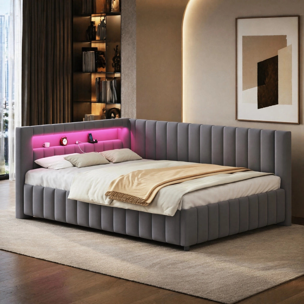 Divano letto imbottito a L 140 x 200 cm in velluto grigio con LED e USB