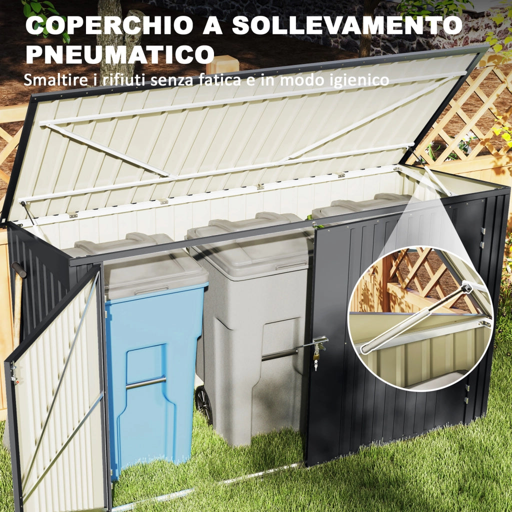 Copribidoni in Acciaio per 3 Cassonetti da 240L con 2 Porte e Coperchio, 233x105x118.5/133 cm, Grigio Scuro