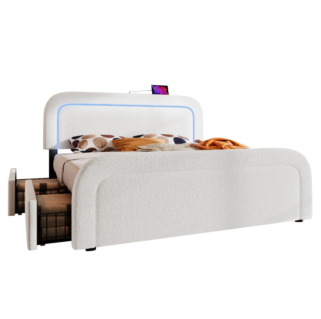 Letto imbottito 140x200 cm in Sherpa bianco con USB Type-C; LED e 4 cassetti