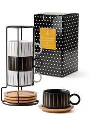 Set di Caffè a 4 pezzi 4 x 160 ml - Tazze da Caffè con Piatto - Tazze Eleganti in Ceramica - Design Marmoreo a Strisce - Unico e Artistico