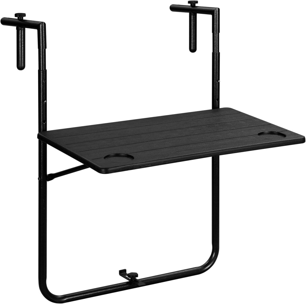 Tavolino pieghevole da appendere, per esterni, balcone, 3 altezze, regolabile, effetto legno, nero