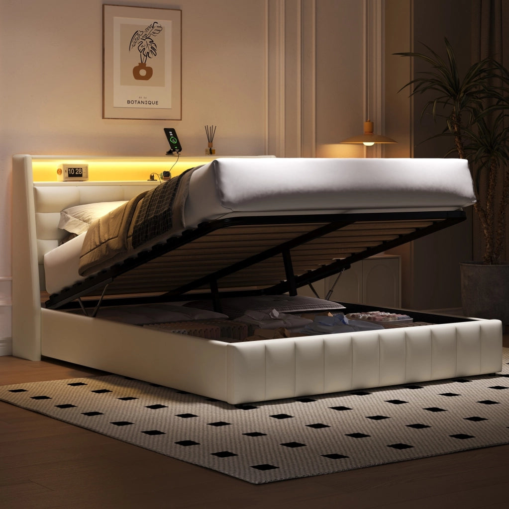 Letto imbottito 160x200 cm con contenitore; LED e USB in PU bianco