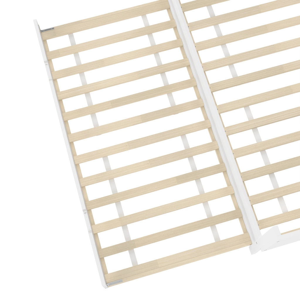 Letto 140x200 cm con scrivania; letto estraibile e ripiani in legno e MDF bianco