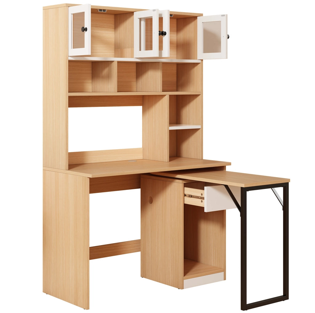 Scrivania con mobile contenitore e piano girevole; MDF; bianco e naturale