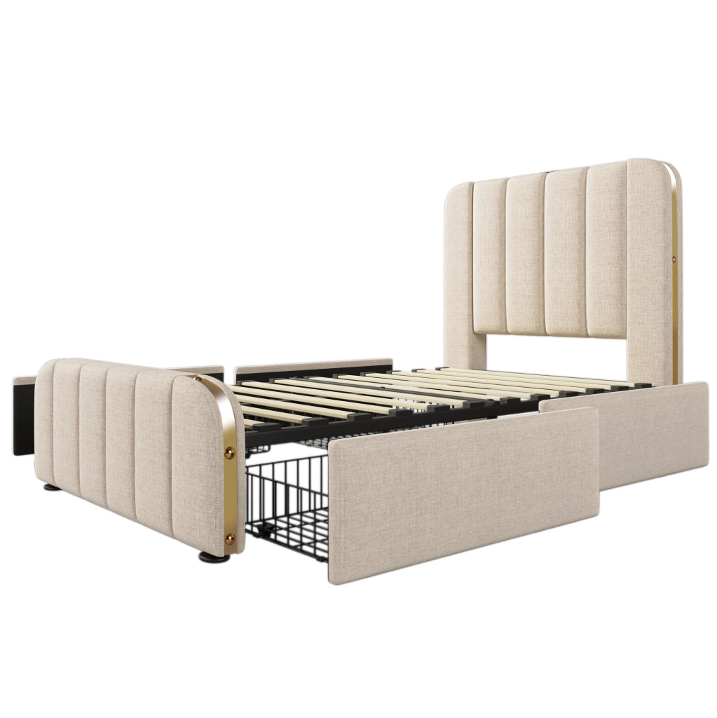 Letto singolo 90x200 in lino beige con 4 cassetti， USB-C e materasso