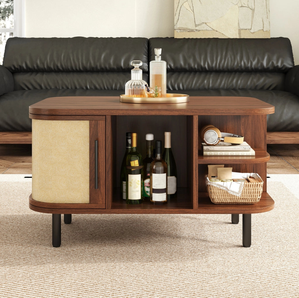 Tavolino da caff¨¨ 80x60x47 cm in MDF color noce con vani e armadietti laterali