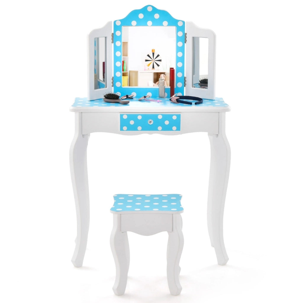 Toeletta trucco per bambina con sgabello triplo specchio e cassetto, Tavolo per trucco con fantasia a pois Blu-Toelette per bimbi
