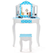 Toeletta trucco per bambina con sgabello triplo specchio e cassetto, Tavolo per trucco con fantasia a pois Blu-Toelette per bimbi