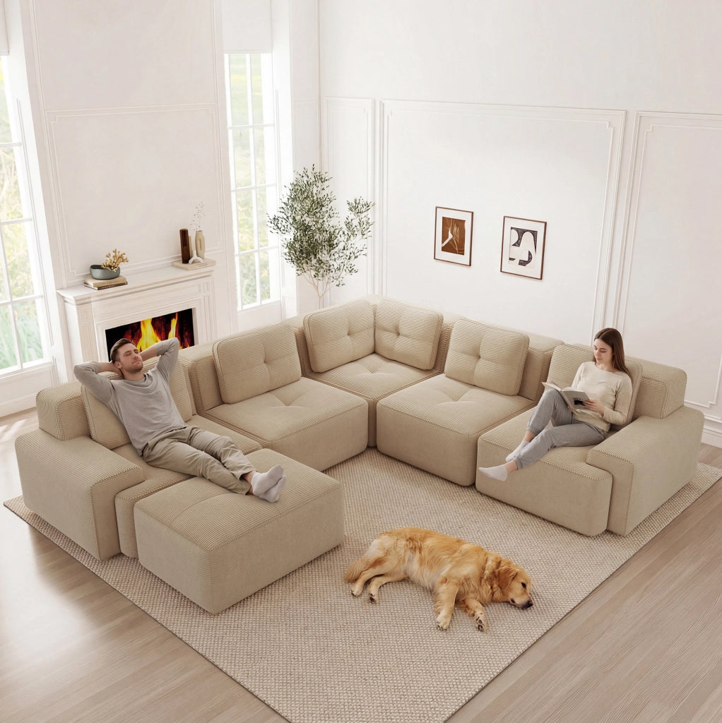 DIVANO Angolare Modulare in Velluto a Coste Beige