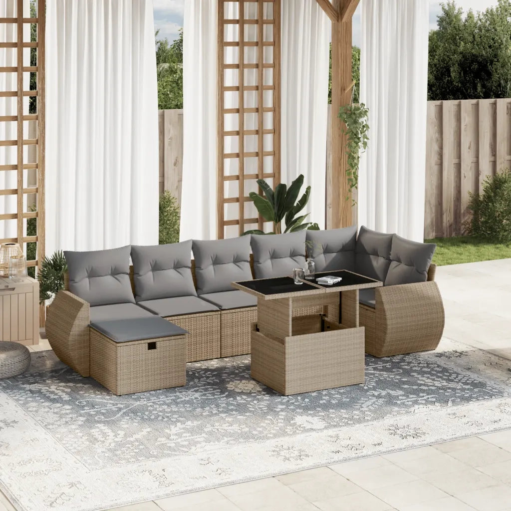 Set Divano da Giardino 8 pz con Cuscini Beige in Polyrattan